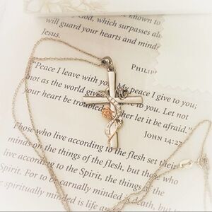 Flower Wrapped Sterling Silver Cross Two Toned Necklace